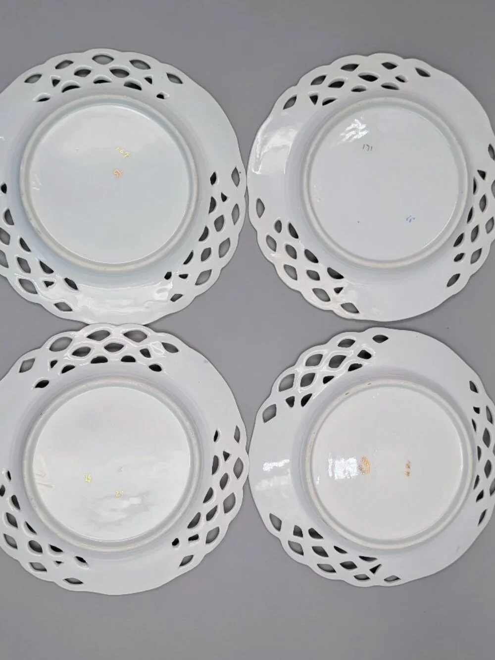 Set of 4 Antique Reticulated Porcelain Plates - Blue & White Floral with Hand Gi